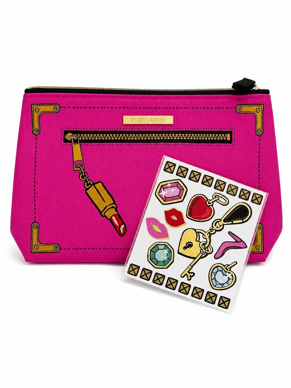 Estee Lauder Hot Pink Cosmetic Pouch & stickers